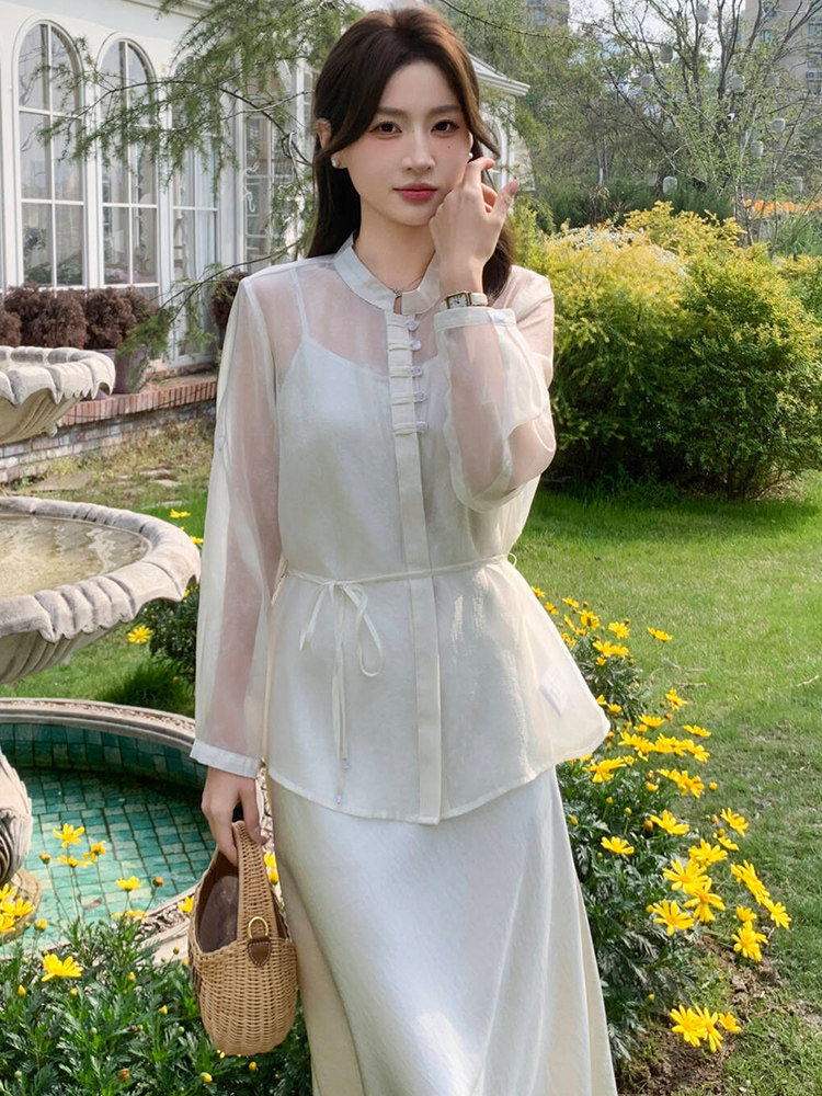 高端时尚套装裙女2026夏季新款洋气宽松系带收腰小衫吊带裙两件套,女装连衣裙,心心服饰