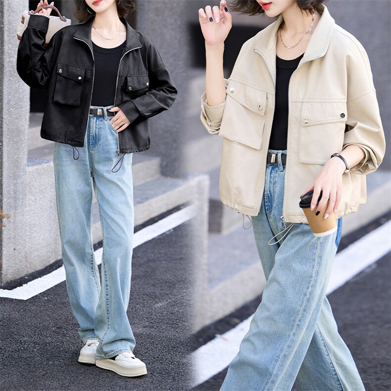 小众立领夹克上衣女2024秋季新款显瘦短款外套工装风棒球皮衣,女装皮衣,美拉德工厂直营店