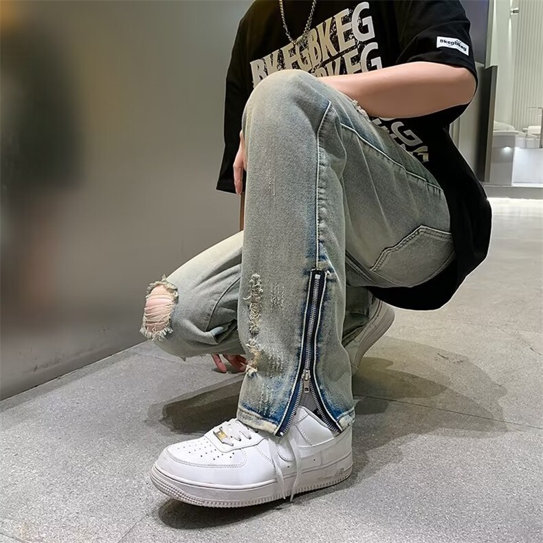 美式高街vibe破洞牛仔裤男夏季直筒设计感拉链开叉长裤子MN78-P49,男装牛仔裤,星座1008-1