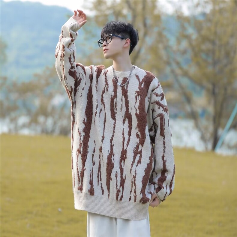 秋季潮流美式复古宽松时尚休闲炸街男士撞色条纹针织长袖毛衣,男装针织衫/毛衣,星座1013
