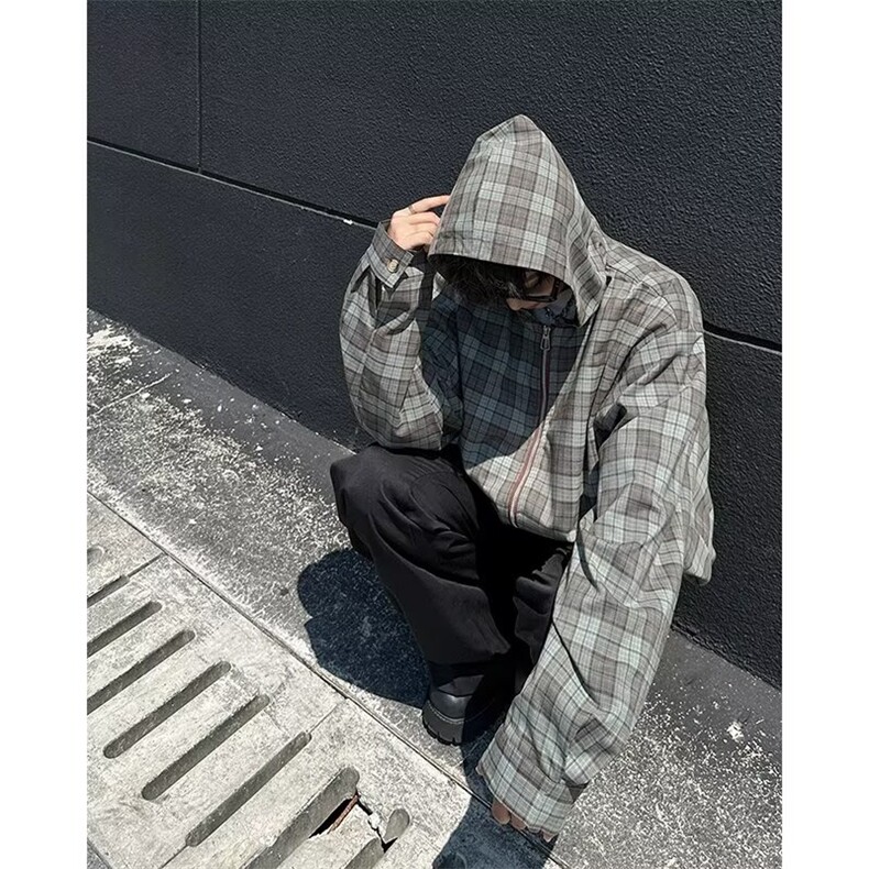 格子夹克男女连帽宽松百搭拉链帅气韩版2024秋冬ins外套W6119-P60,男装夹克,星座412-2