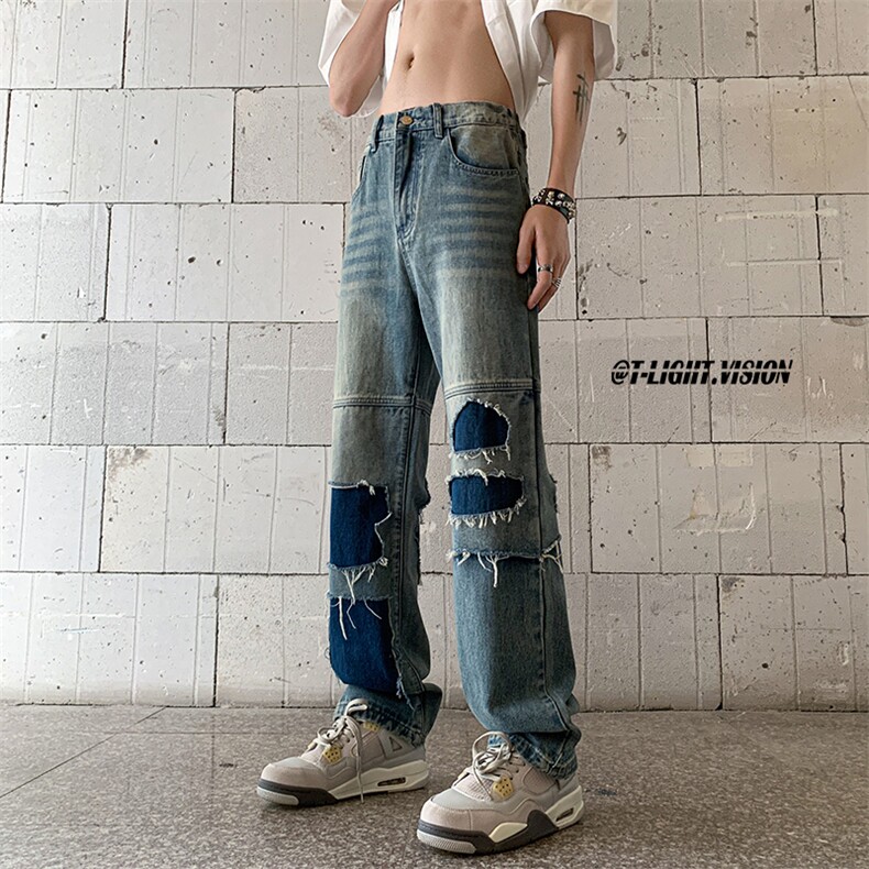B221美式ins高街暗黑小众撞色破洞直筒牛仔裤LK23109-P65控88,男装牛仔裤,电商B221