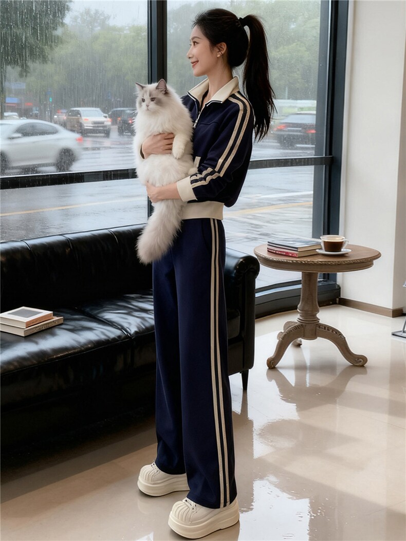 时尚休闲运动套装女秋新款洋气显瘦短款拼接撞色外套阔腿裤两件套,女装套装/套裙,江南