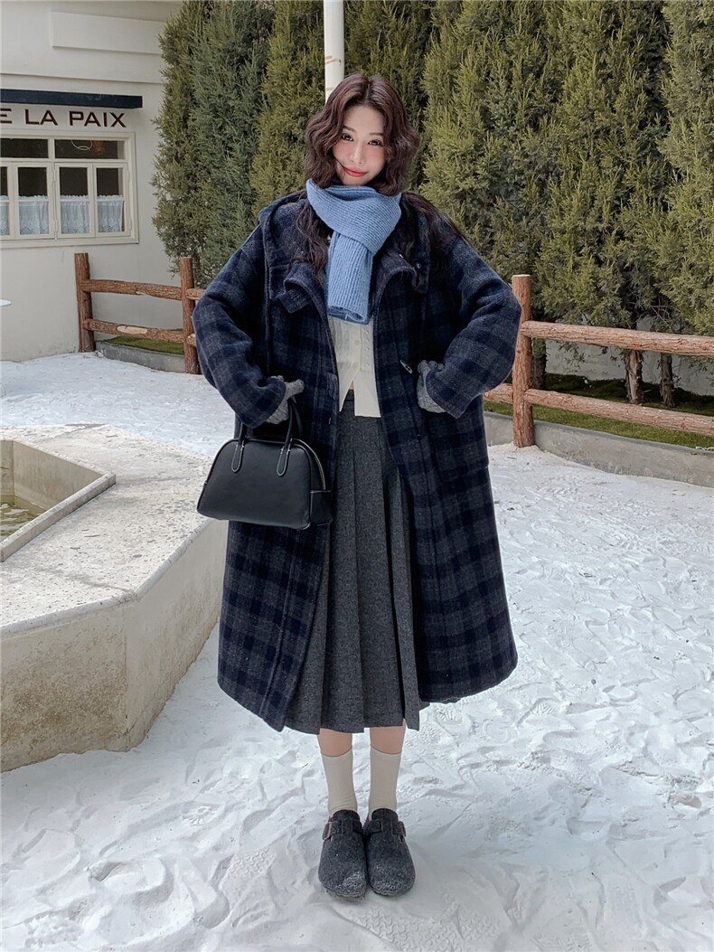 牛角扣格纹连帽双面呢大衣女2025冬新款复古学院风小个子毛呢外套,女装毛呢外套,慧尚2-185