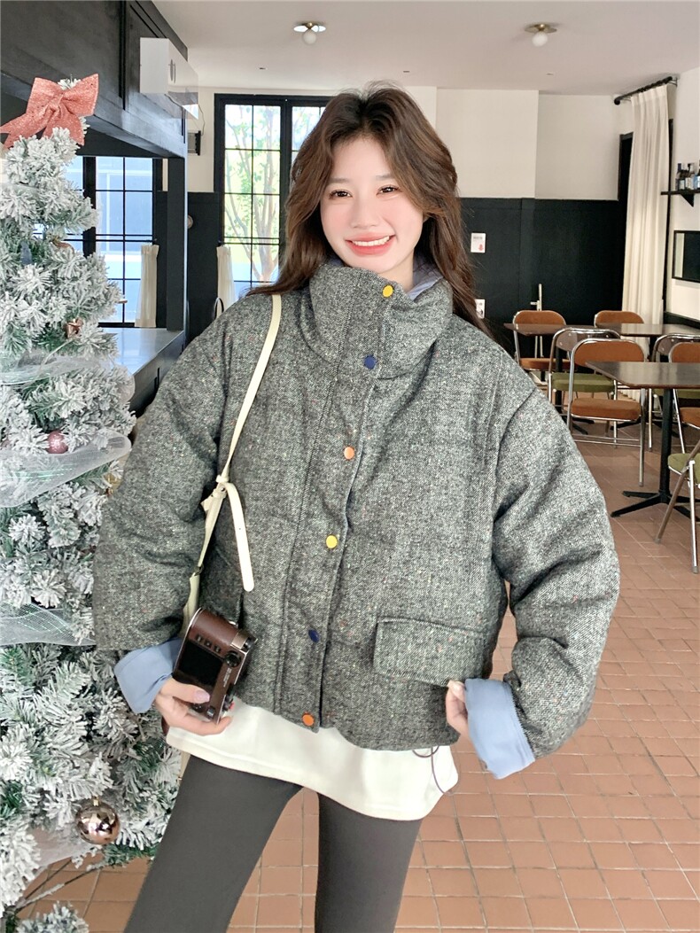 韩系灰色撞色短款羽绒服外套女冬2025新款设计保暖白鸭绒气质外套,女装羽绒服,艾米莉亚