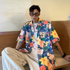旅游短袖衬衫男夏季宽松情侣外套潮流ins港风休闲满印沙滩花衬衫，男装衬衫，电商C306-1