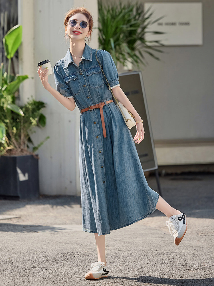 高级感薄款牛仔连衣裙女夏季2025新款收腰气质复古休闲短袖衬衫裙,女装连衣裙,E百度