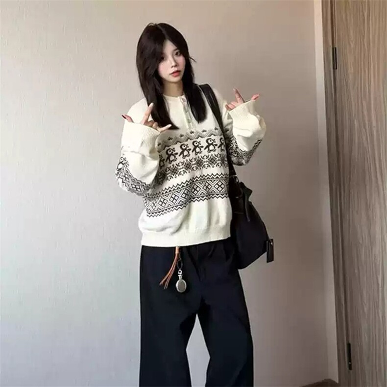 重磅秋冬装北极绒套头毛衣美式复古休闲慵懒风提花工艺针织衫外套,男装针织衫/毛衣,电商A486