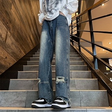 美式复古直筒破洞牛仔裤男女春秋设计感宽松阔腿长裤子N800-P48，男装牛仔裤，星座308B-1