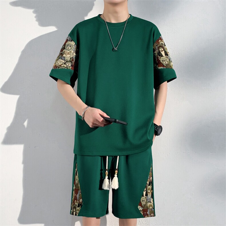 光版二开男士休闲运动套装刺绣短裤T恤两件套潮A266-TZ88580-P50,男装休闲套装,电商A266