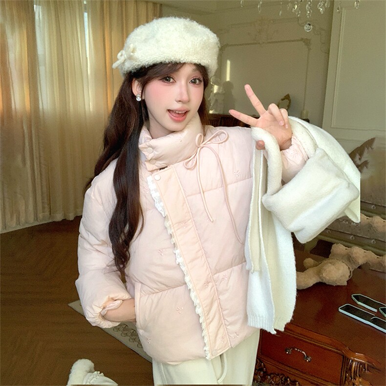蕾丝拼接棉服外套女冬季韩系高级感粉色蝴蝶结系带棉衣图片