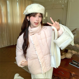 蕾丝拼接棉服外套女冬季韩系高级感粉色蝴蝶结系带棉衣图片
