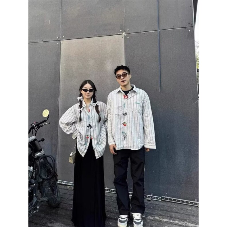 1506/QJ080/P46情侣文艺感刺绣长袖衬衫男女春秋季宽松百搭衬衣,男装衬衫,星座1506
