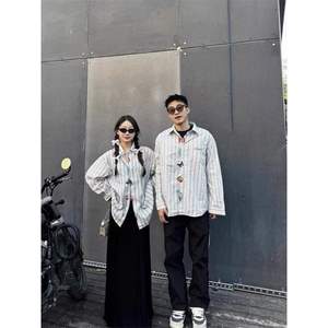 1506/QJ080/P46情侣文艺感刺绣长袖衬衫男女春秋季宽松百搭衬衣图片