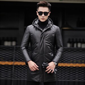 海宁修身皮衣中长款羽绒服男绵羊皮夹克男连帽外套潮P710，男装皮衣，电商B360