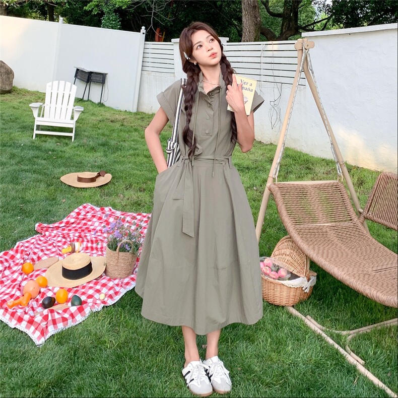 可盐可甜工装风绿色连衣裙女2025年夏季新款设计感收腰显瘦A字裙,女装连衣裙,2D014
