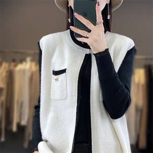 百搭小香风V领毛衣开衫马甲女春秋新款宽松显瘦无袖针织背心外套图片