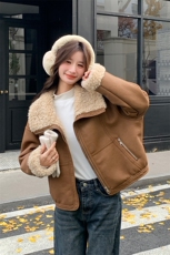 韩版时尚机车风皮毛一体外套女2025冬季新款显瘦加厚加绒棉服棉袄，女装短外套，纯色衣恋