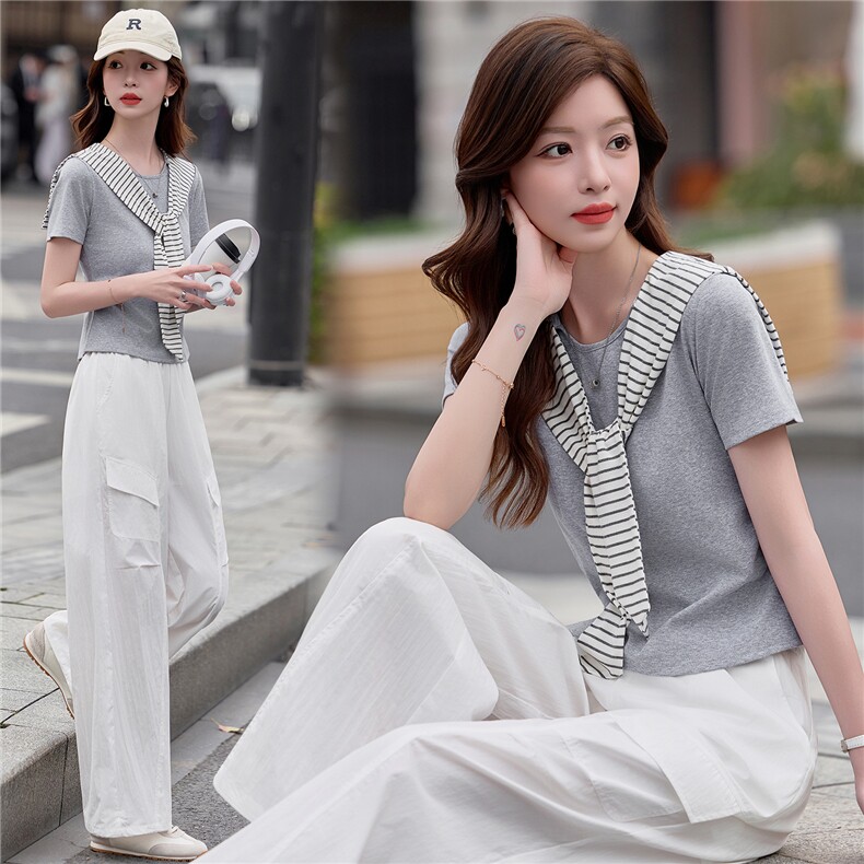【现货】2026年夏季时尚夏季女装白T披肩+裤子两件套套裤,女装套装/套裙,微微衣阁