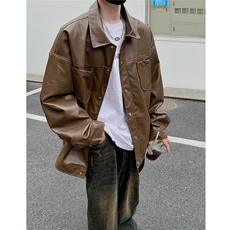 港风翻领pu皮面料皮衣男潮流休闲宽松皮衣外套男77107P78控108，男装皮衣，星座227-7