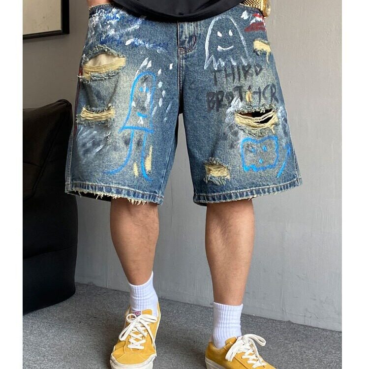 美式潮流手绘涂鸦印花破洞牛仔短裤男夏季新款时尚宽松五分牛仔裤,男装牛仔裤,星座506A