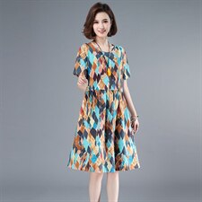 2021年夏季中长款通勤韩版套头A字裙民族风连衣裙印花高腰裙短袖，女装连衣裙，伊满意