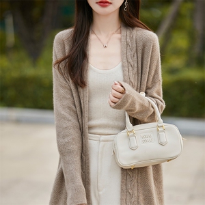 V领扭花100%纯羊毛开衫女中长款针织毛衣外套宽松羊绒衫外搭上衣图片