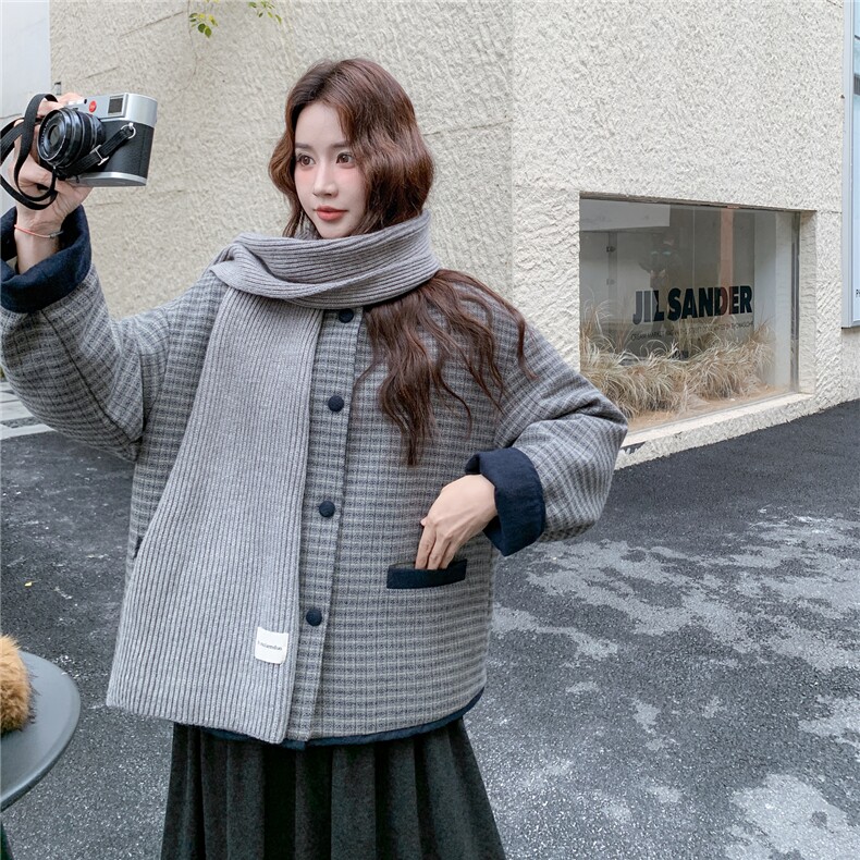 【新款】小香风格子毛呢羽绒外套+围巾2C327-9933P285控398,女装羽绒服,2C327