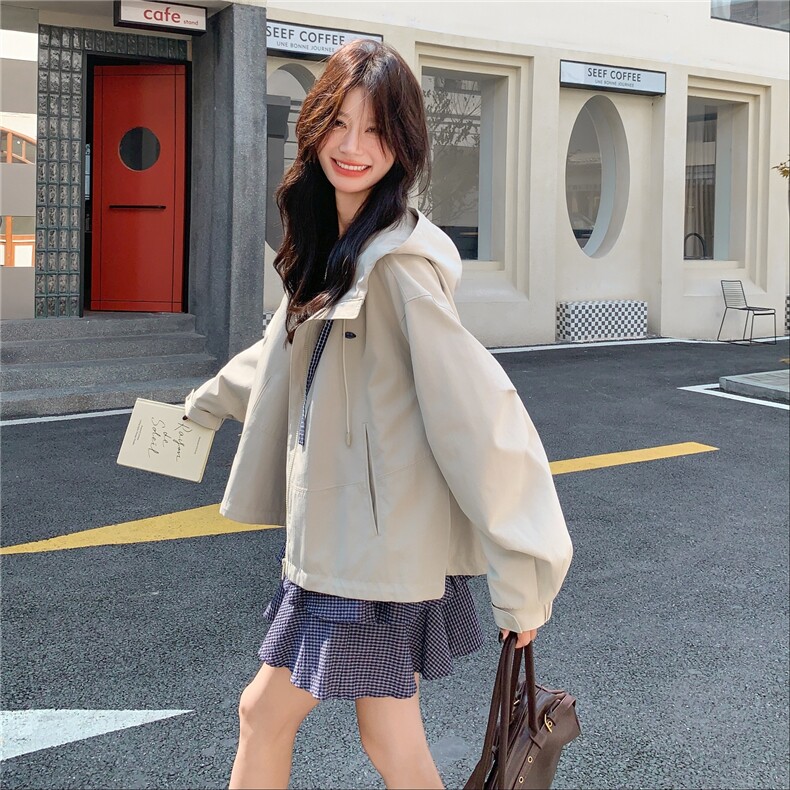 设计感格纹连帽抽绳短外套女2025年秋季新款甜酷气质工装休闲夹克图片