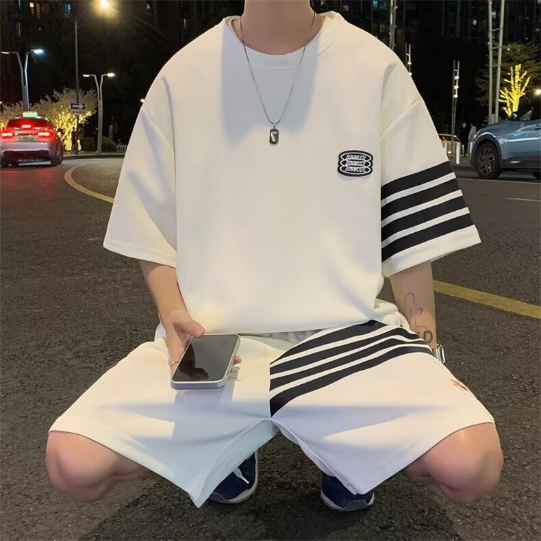 夏男运动套装三条杠条纹贴标短袖T恤短裤套装TZ18P45,男装T恤,星座1013-1