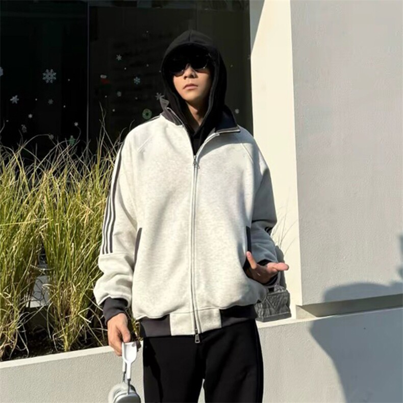 抖音得物高品质美式高街重磅结构设计拼接织带立领卫衣外套CM42，女装短外套，电商A486-1