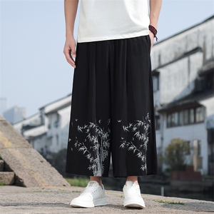 夏季新款现货中式风棉麻印花竹叶八分裤阔腿裤K211-P60图片