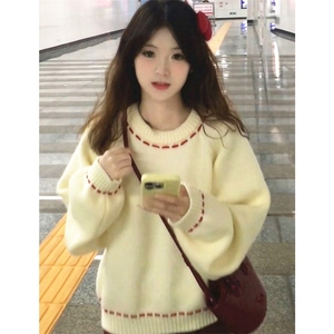 甜美杏色圆领套头毛衣女学生冬季学院风软糯百搭针织衫 M6188图片