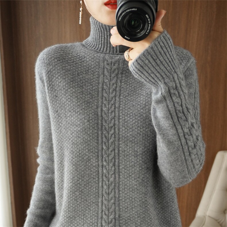 美拉德穿搭高领打底衫女宽松休闲长袖时尚秋冬新款内搭针织毛衣女，女装羊毛衫，鸿陌羊绒