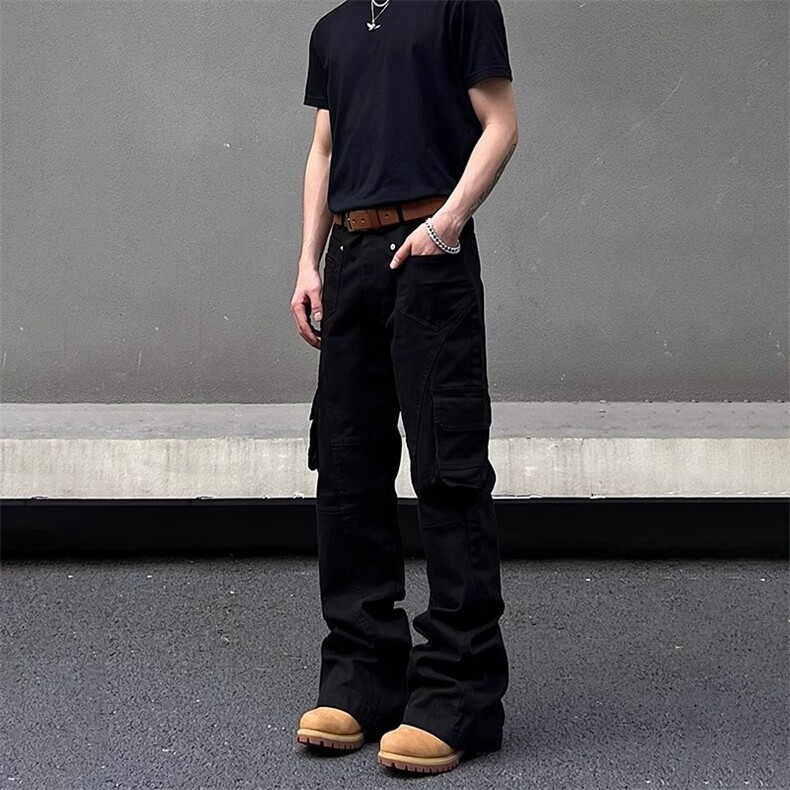 美式潮流黑色弯刀微喇工装裤多口袋窄版牛仔裤男裤子MKK55P50，男装牛仔裤，星座1013-5