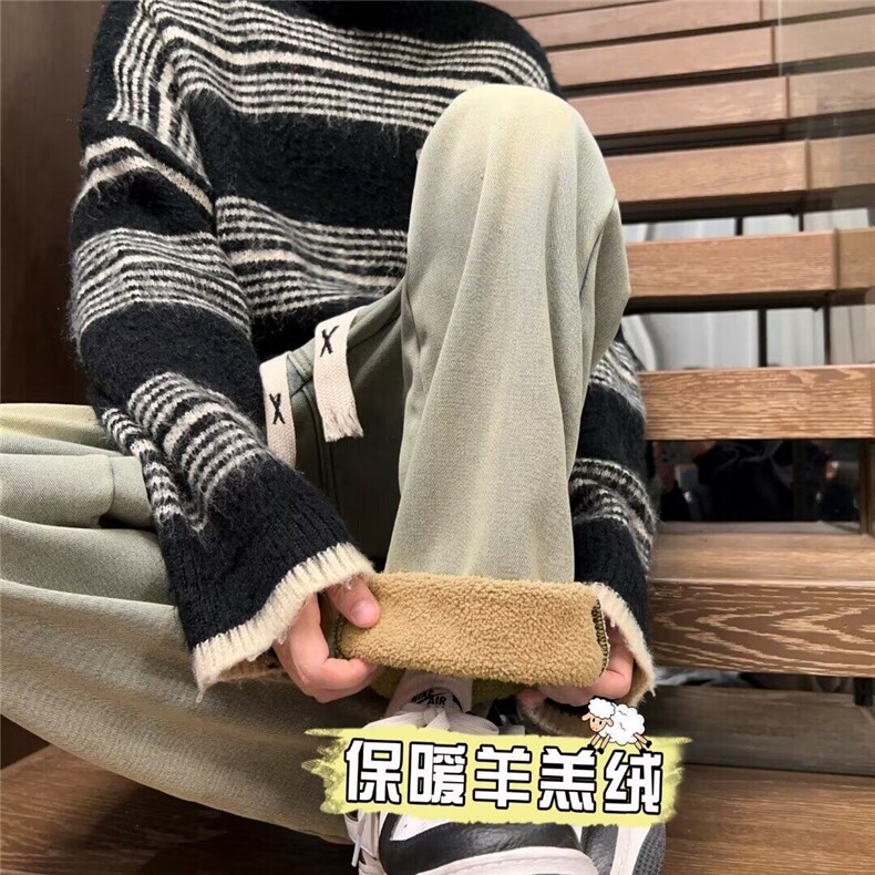 复古羊羔绒牛仔裤男直筒宽松冬款加厚阔腿裤高街裤子男88064-P63图片