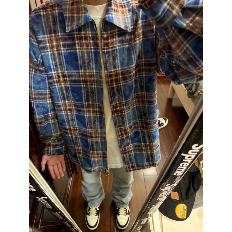 【有货】毛边破坏格子衬衫男长袖高级感拉链衬衣外套2503CC-特P45,男装衬衫,星座1007（原301D）