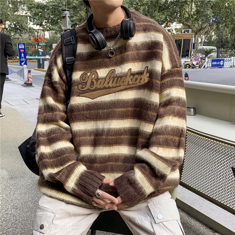 美式街头设计感圆领毛衣男慵懒风休闲针织衫M0143P48图片