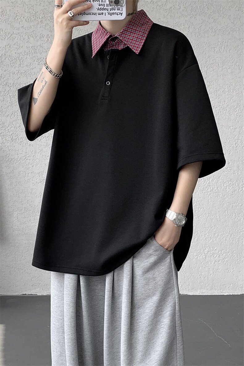 8XL-M格纹拼接假两件短袖t恤大码美式重磅polo翻领半袖DX1218/P48,男装T恤,电商B238