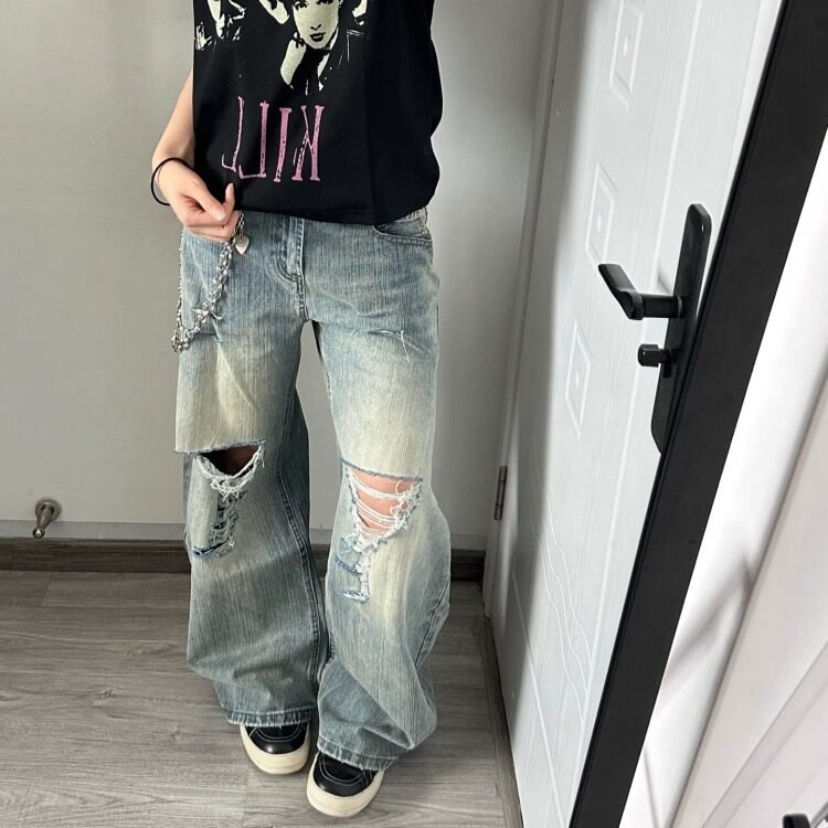 网络图夏季新款破洞水洗做旧蓝牛仔裤男女直筒宽松阔腿长裤,男装牛仔裤,星座410-7