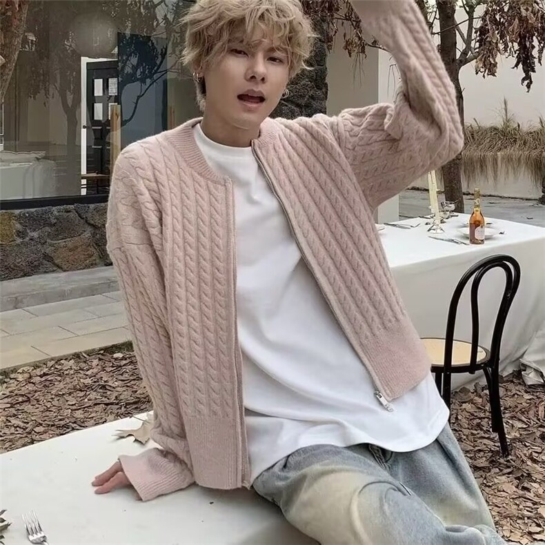 美式复古撞色条纹麻花拉链开衫毛衣外套男休闲百搭上衣,男装针织衫/毛衣,星座218-1（原230）
