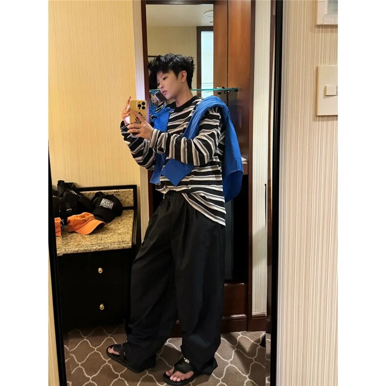 宽松休闲条纹长袖T恤衫男女慵懒新款ins日系潮流百搭L1755-P44,男装T恤,星座1008