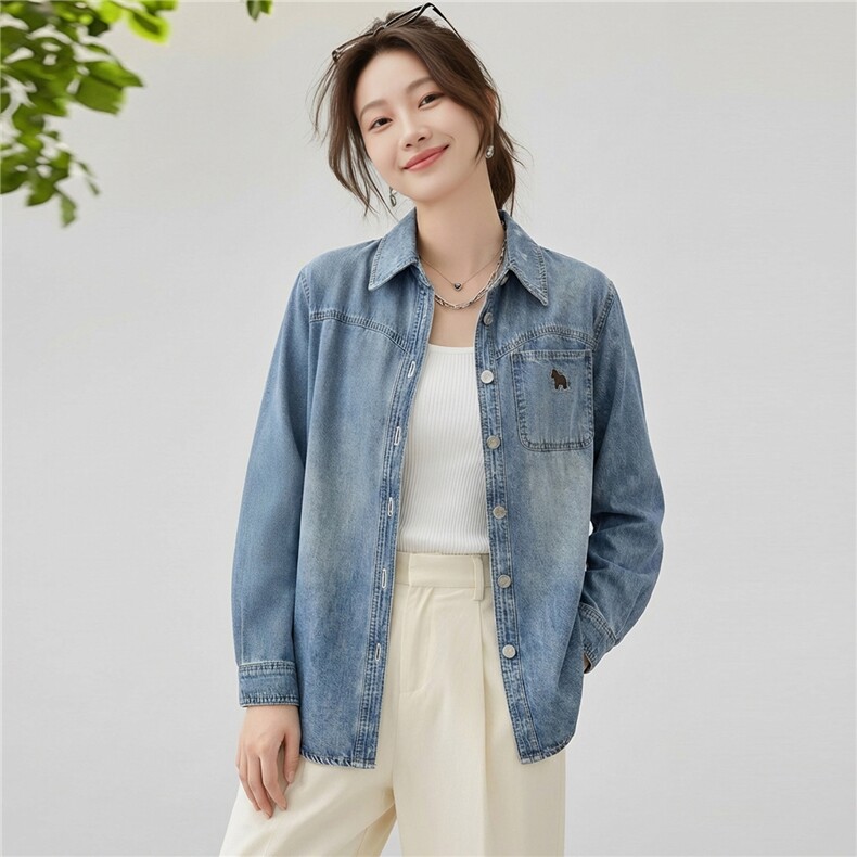 现货2026年春季休闲风牛仔绣花衬衫外套，女装短外套，靓衣阁