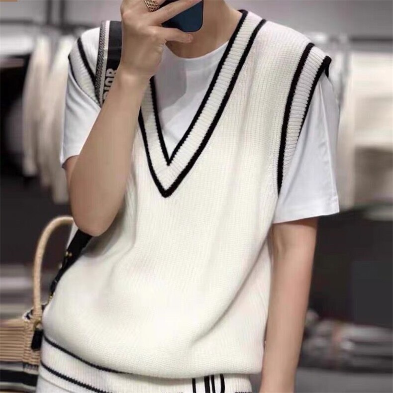 女秋季修身显瘦黑边坎肩针织马甲百搭V领无袖毛衣背心简约大气,女装马甲,悦玛羊绒