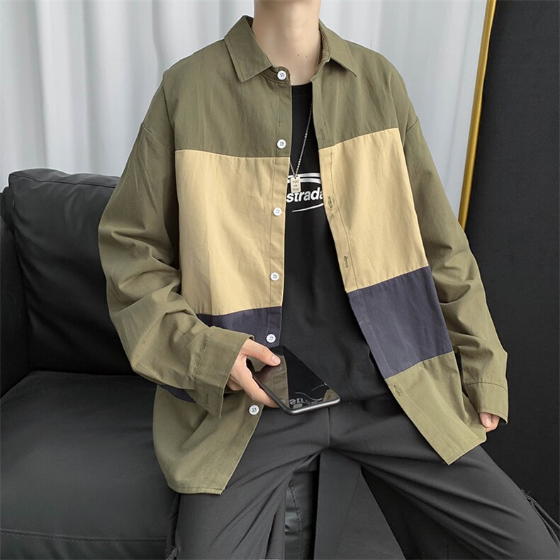 韩版长袖港风上衣衬衫男秋季休闲大码拼接撞三色外套W1393-P35,男装衬衫,星座512-4
