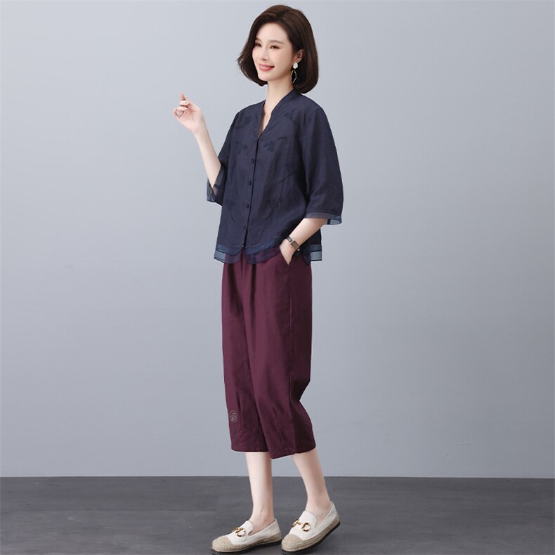 妈妈夏装纯苎麻衬衫女七分袖2024新款中年夏季时尚洋气小衫上衣,女装大码女装,奕阳依阁