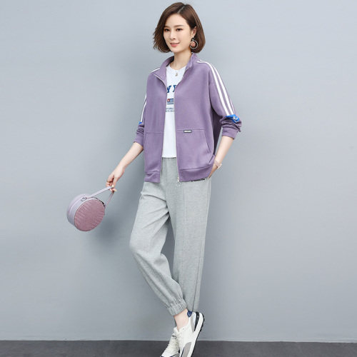 2022春季新款简约时尚气质立领个性拉链开衫宽松休闲两件套,女装套装/套裙,丽影随形