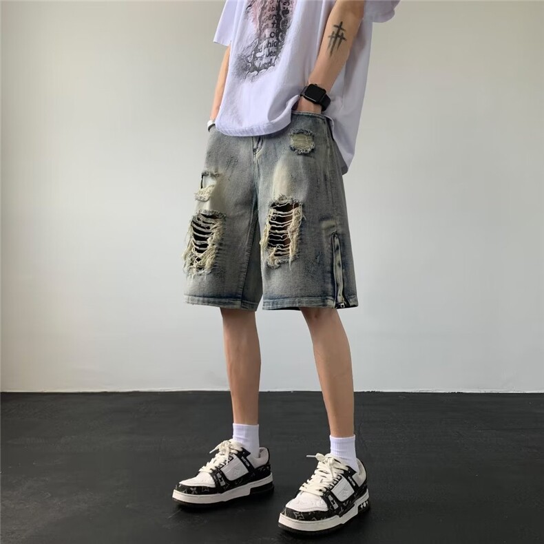 美式高街水洗破洞牛仔短裤男直筒宽松潮阔腿五分裤夏季DK8059-P42,男装牛仔裤,星座1008