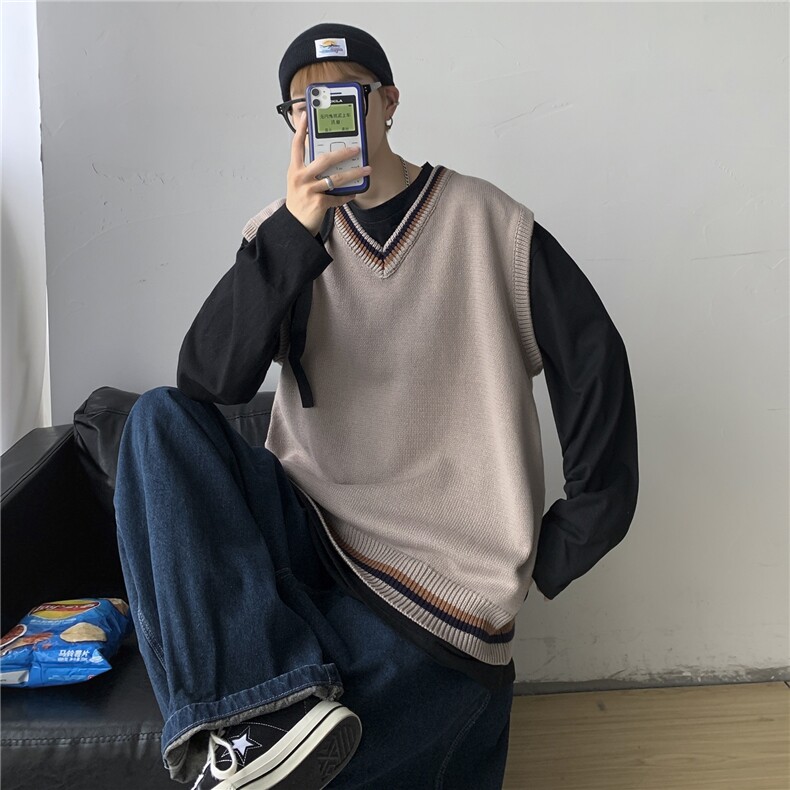 秋冬港风加厚针织衫V领毛衣马甲背心JKDK学院风制服男女W09/P55，男装针织衫/毛衣，钱塘713