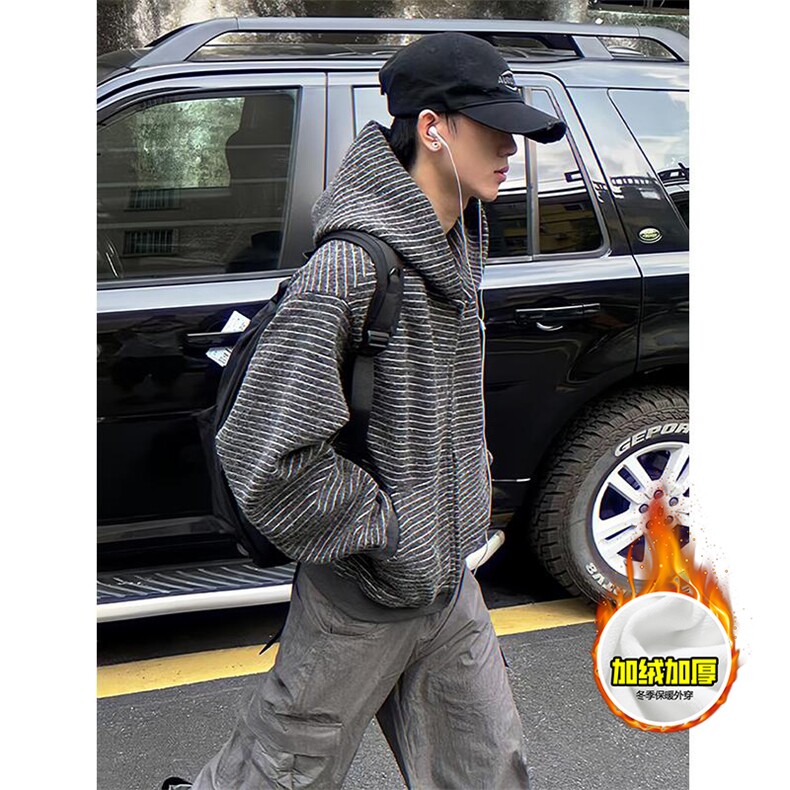 480G重磅加绒硬挺boxy男女秋冬美式高街条纹毛呢卫衣开衫厚外套，女装短外套，电商A486-1